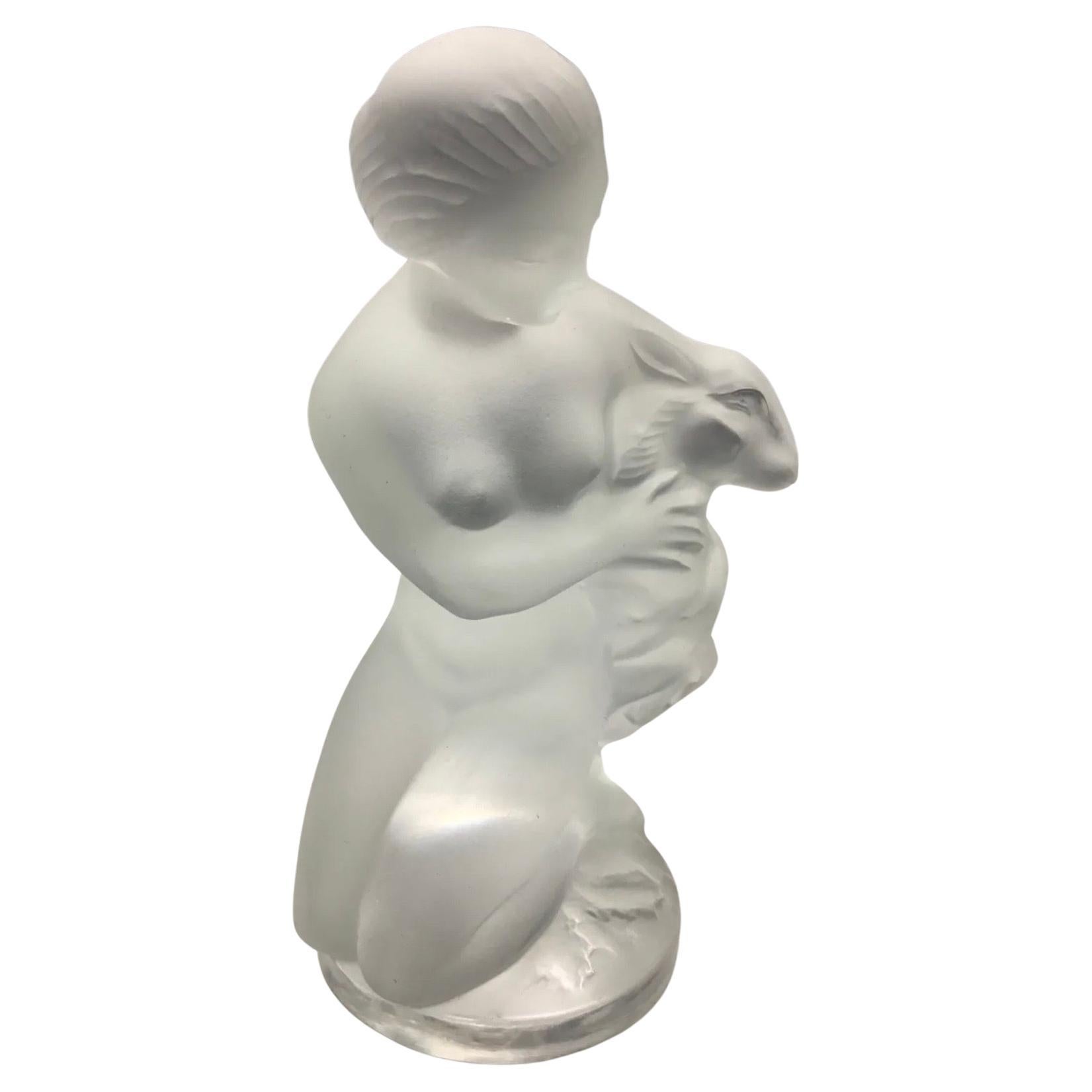 Frosted Crystal Girl with Lamb Sculpture by Lalique of France For Sale