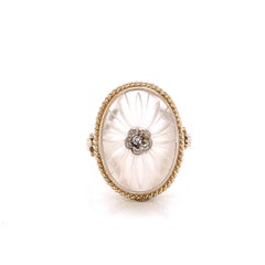 Frosted Crystal Victorian Style Yellow Gold Ring w Diamond Accent