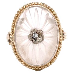 Frosted Crystal Victorian Style Yellow Gold Ring w Diamond Accent