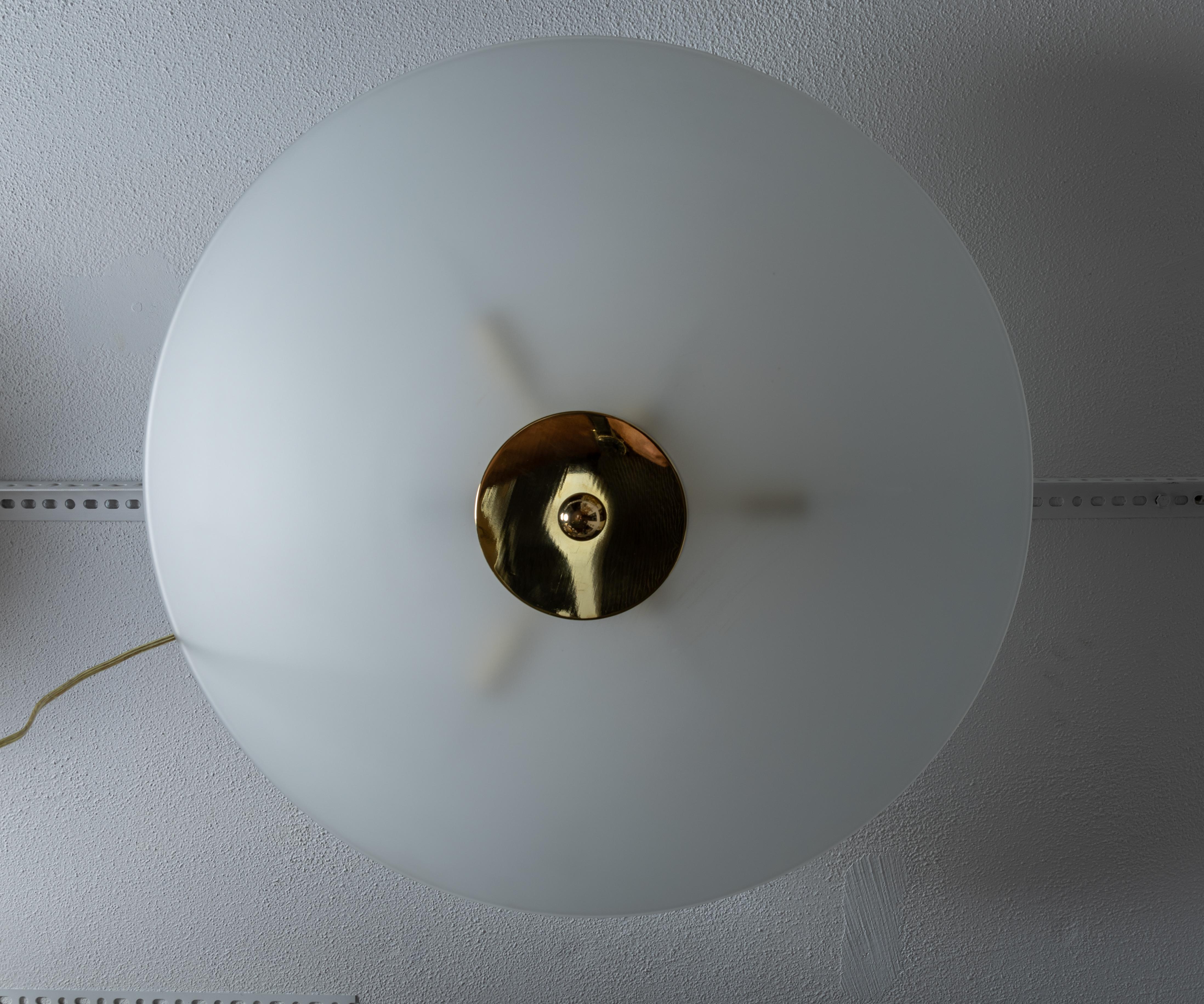 Italian Frosted Disk Form Murano Glass Fixture with Brass Details For Sale