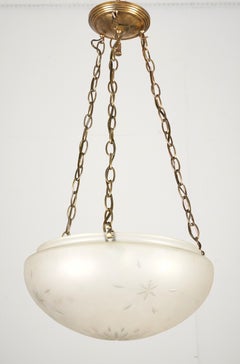 Frosted Etched Glass Bowl Brass Chain Pendant Light