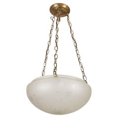 Frosted Etched Glass Bowl Brass Chain Pendant Light