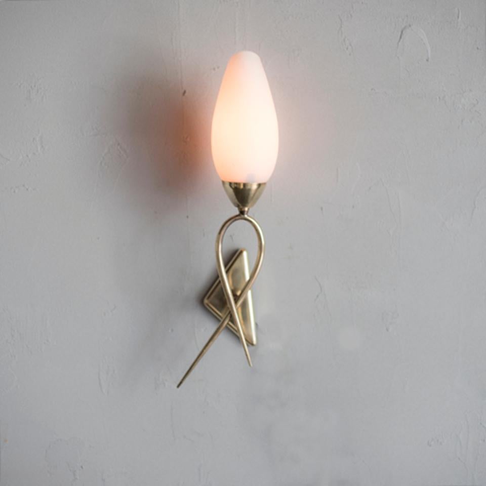 Metalwork Frosted Glass and Brass Wall Lamp, in Stilnovo Style For Sale