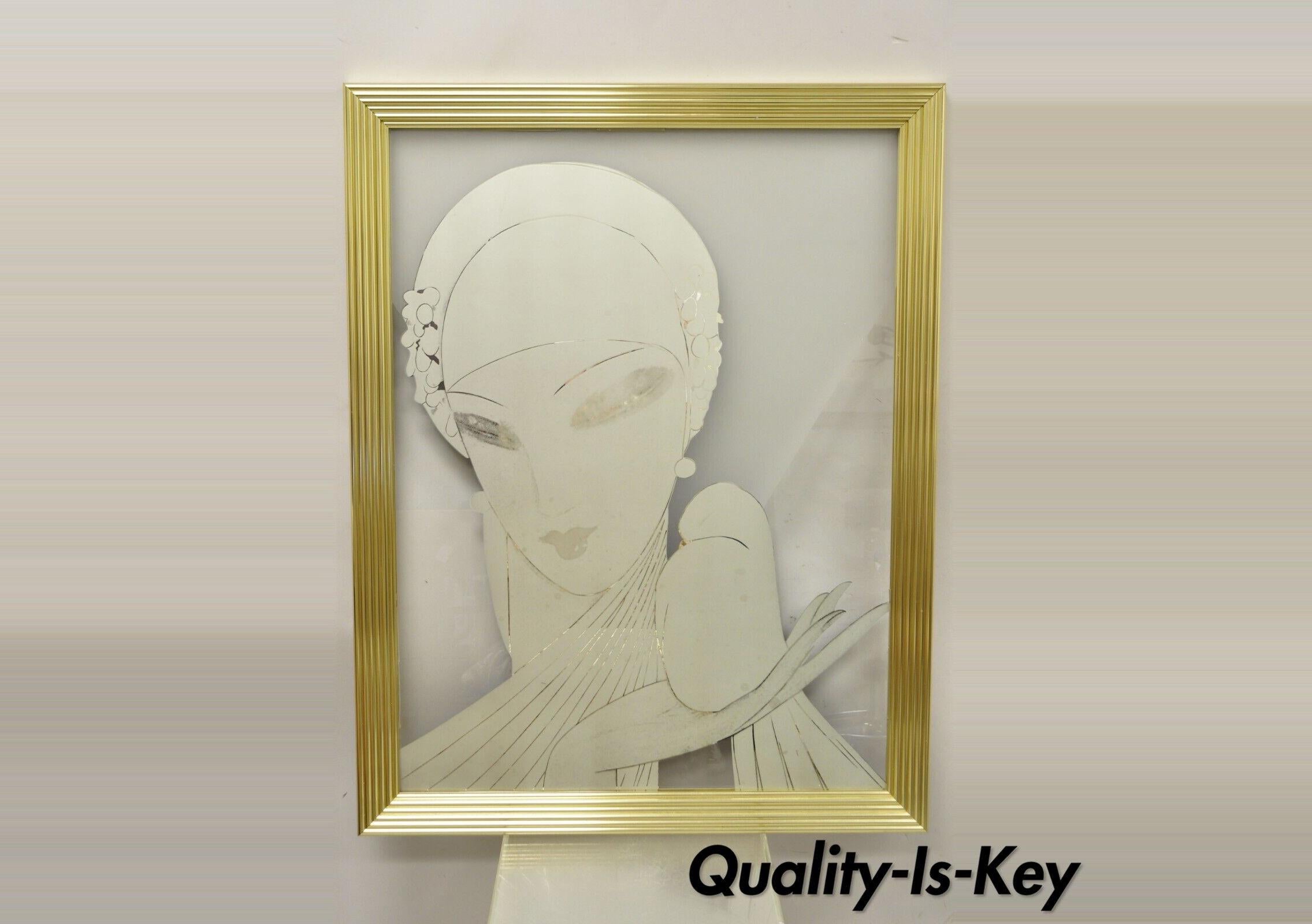 Vintage frosted glass art deco style brass framed academy arts mid century wall art by Intercraft Industries Corp. Item features frosted glass etching of Art Deco woman with dove bird, brass frame, original label, great style and form. Circa 1970s.