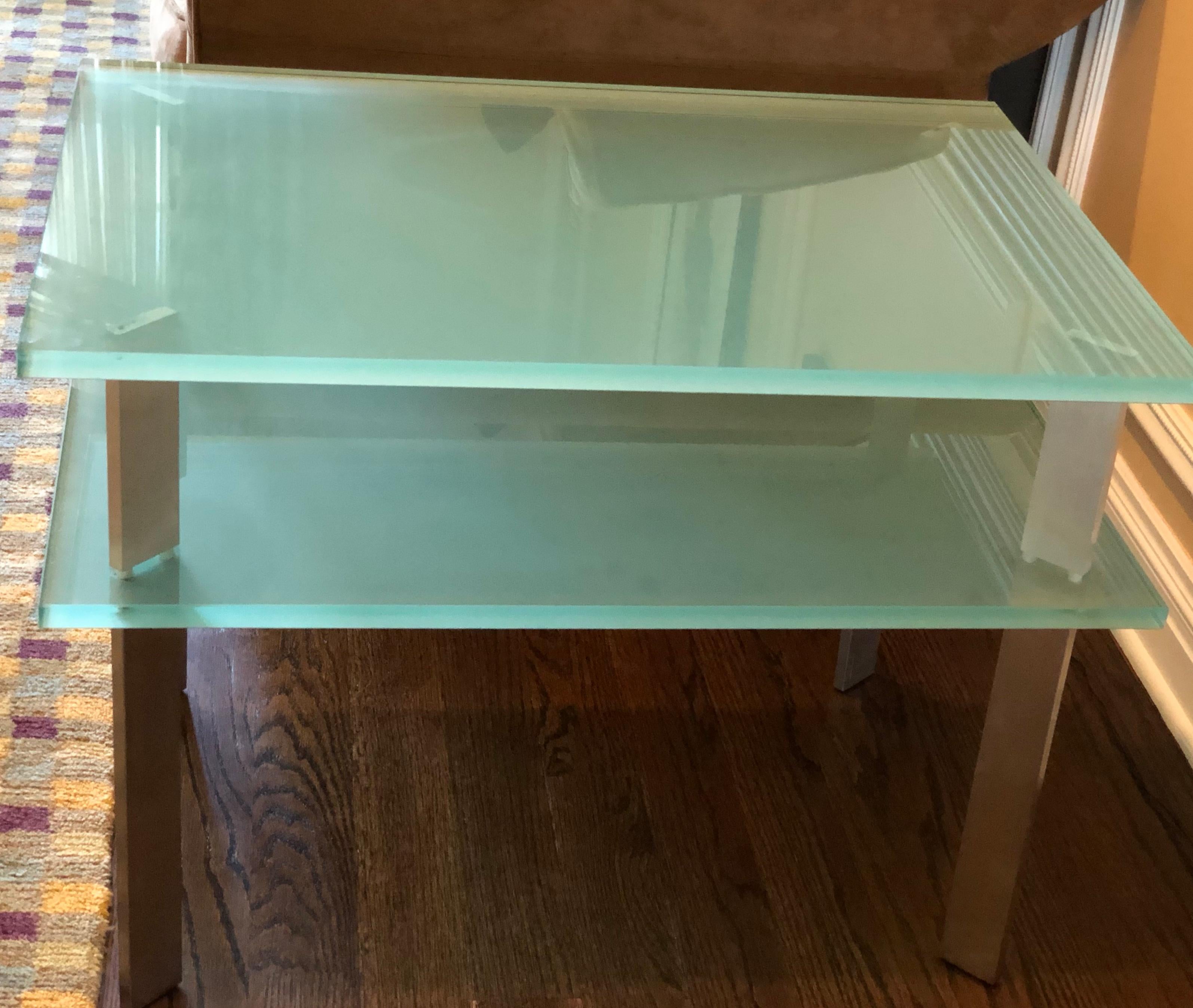 Frosted Glass Bi-Level Rectangular End Table with Matte Aluminum Legs In Excellent Condition In Bronx, NY