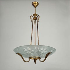 Frosted Glass & Brass Chandelier, Fontana Arte Style, Italy 1950s