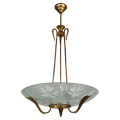 Vintage Frosted Glass & Brass Chandelier, Fontana Arte Style, Italy 1950s
