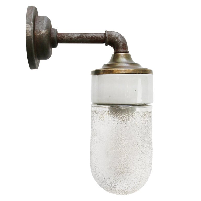 Industrial Frosted Glass Brass Vintage Cast Iron Arm Scones Wall Lights For Sale