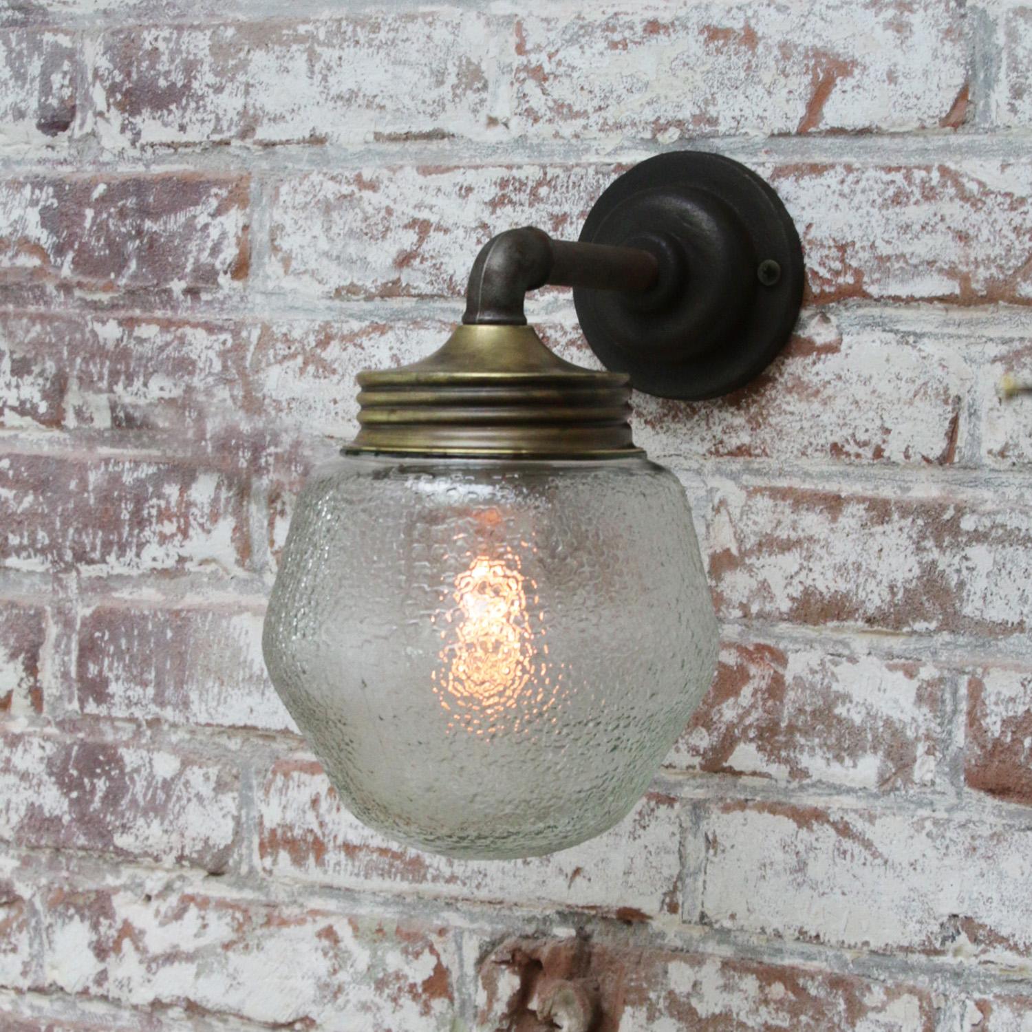 Industrial Frosted Glass Brass Vintage Cast Iron Arm Scones Wall Lights For Sale