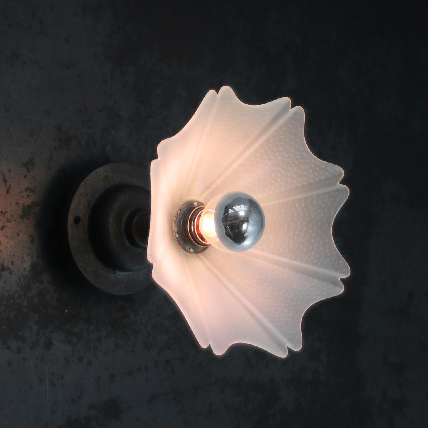 Glass sconce / flush mount
metal E14 bulb holder with striped glass shade

cast iron wall mount diameter 10.5 cm / 4”
wall lamp / ceiling Sconce

Weight: 1.40 kg / 3.1 lb

E14 bulb holder. Priced per individual item. All lamps have been made