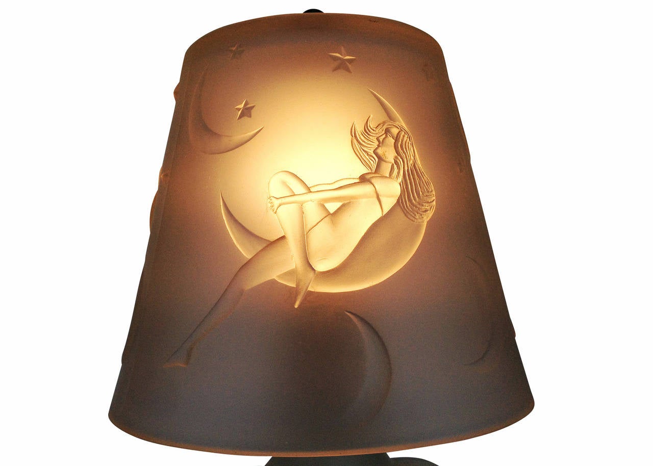Art Deco Frosted Glass Crescent Moon Boudoir Lamp, circa 1920 For Sale