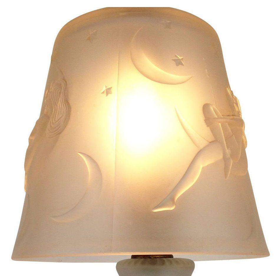 Art Deco Frosted Glass Crescent Moon Boudoir Lamp, circa 1920 For Sale