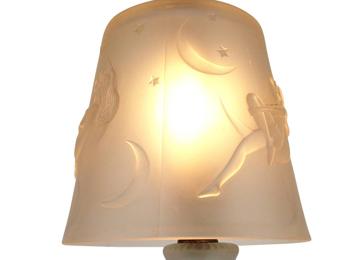 American Frosted Glass Crescent Moon Boudoir Lamp, circa 1920 For Sale