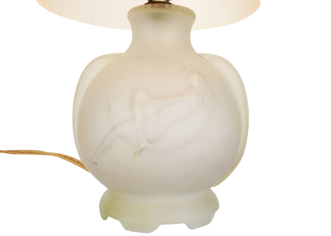 Frosted Glass Crescent Moon Boudoir Lamp, circa 1920 In Excellent Condition For Sale In Van Nuys, CA