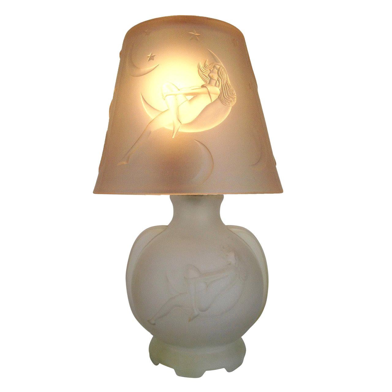 Frosted Glass Crescent Moon Boudoir Lamp, circa 1920