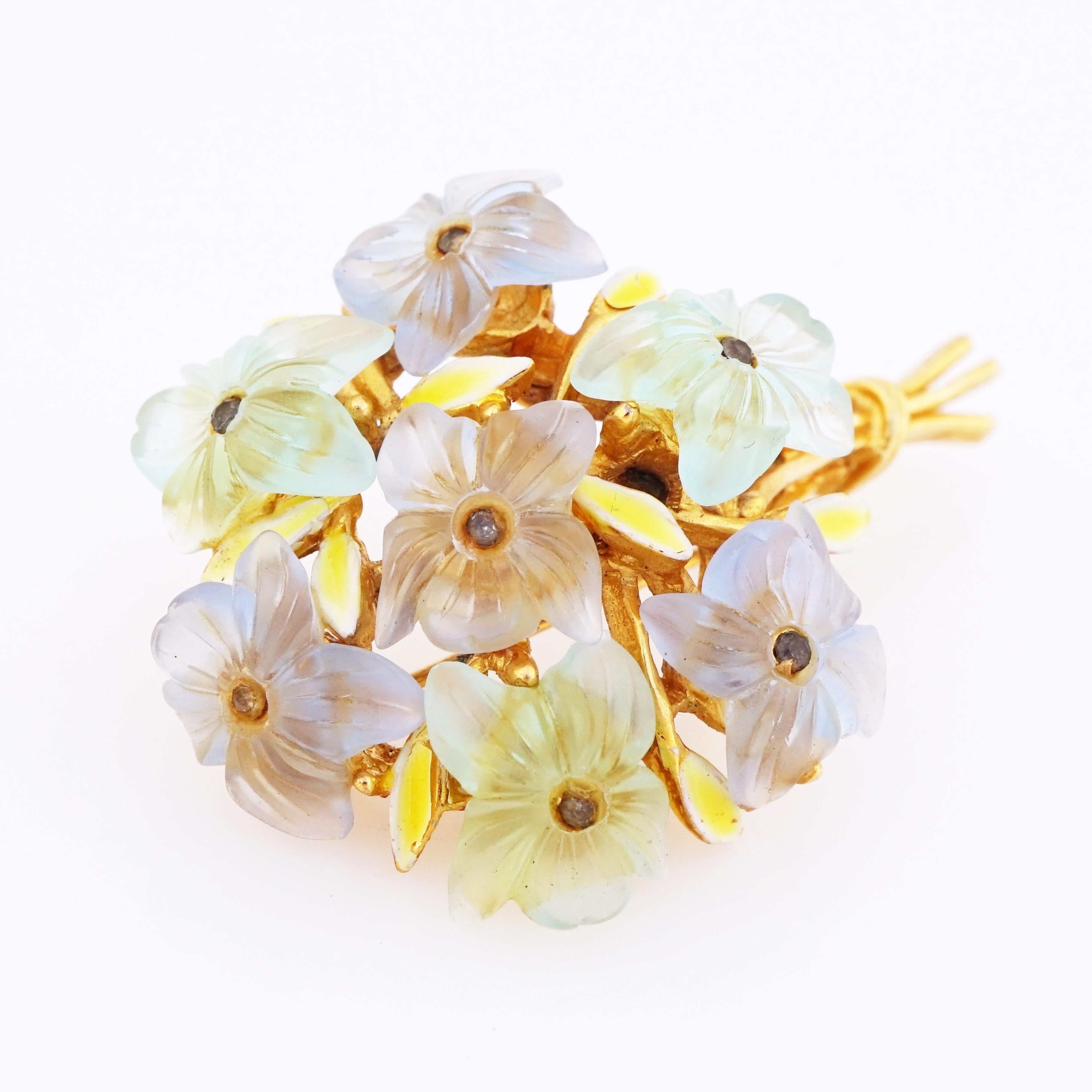 Women's Frosted Glass Floral Bouquet Brooch By ModeArt, 1950s