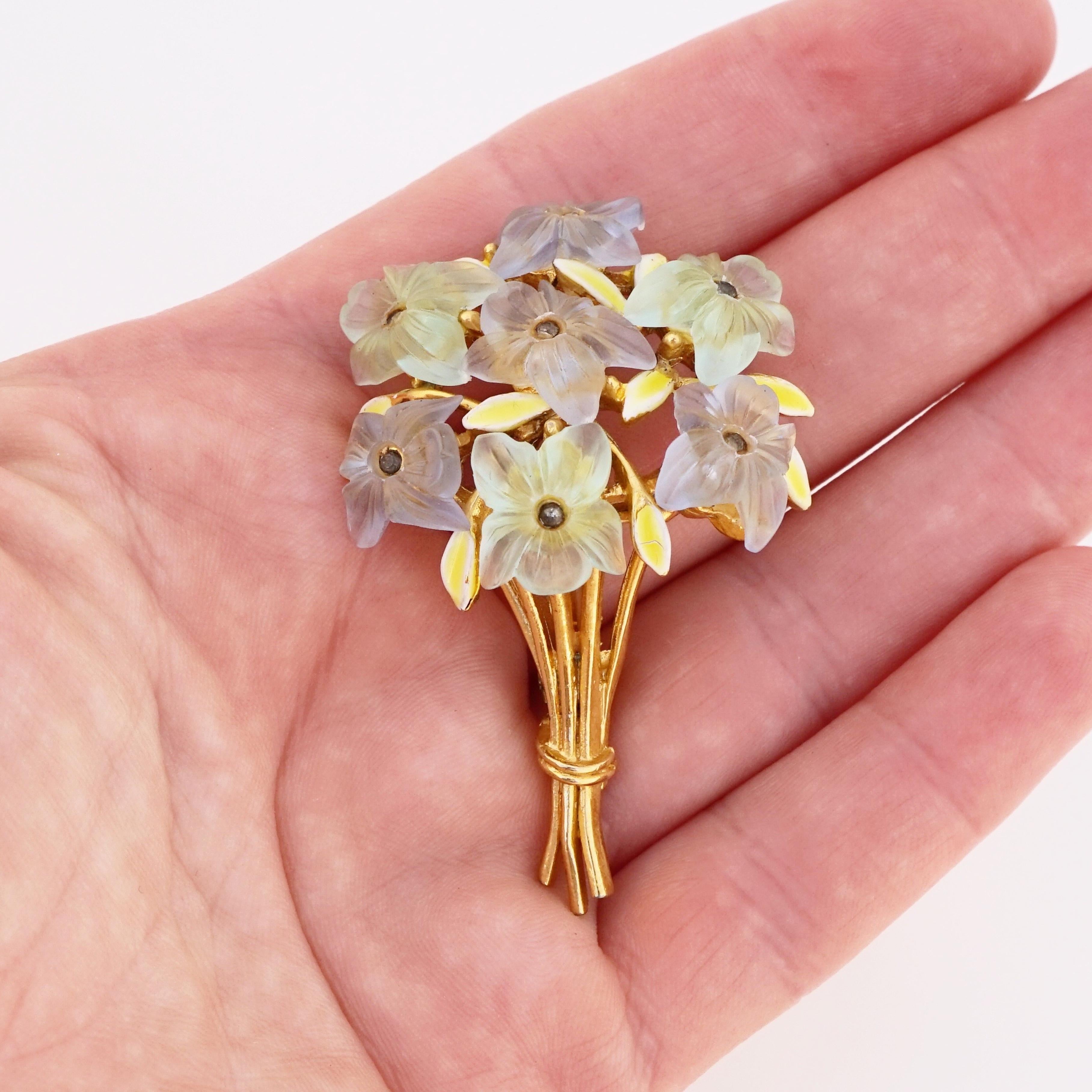 Frosted Glass Floral Bouquet Brooch By ModeArt, 1950s 3