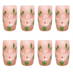 Vintage Frosted Glass Floral Motif Pink Hand Painted Drinking Glasses, Set of 8