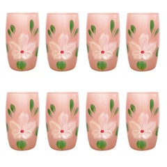 Frosted Glass Floral Motif Pink Hand Painted Drinking Glasses, Set of 8
