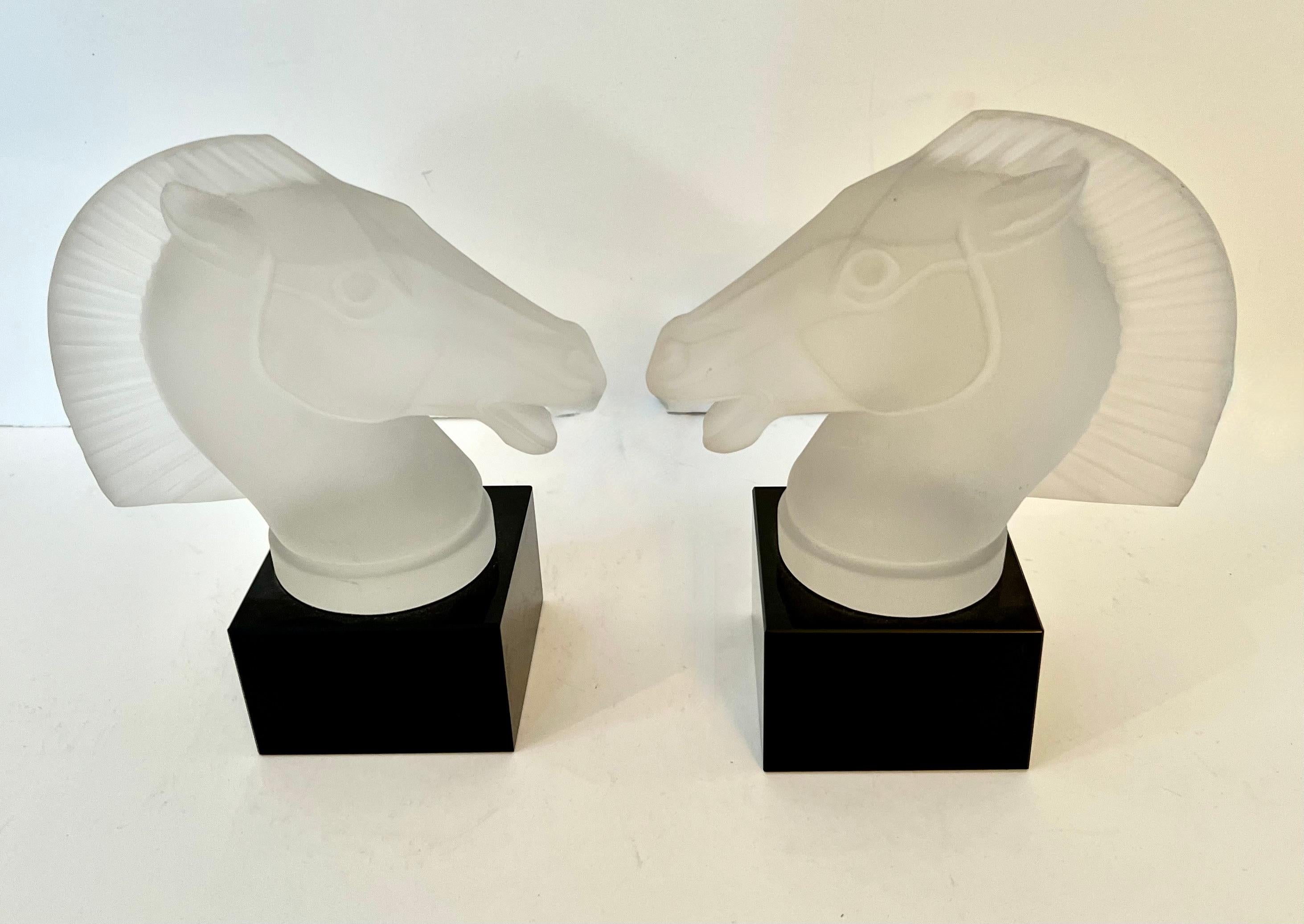 Frosted Glass Horse Head Bookends with Black Glass Base in the Style of Lalique For Sale 1