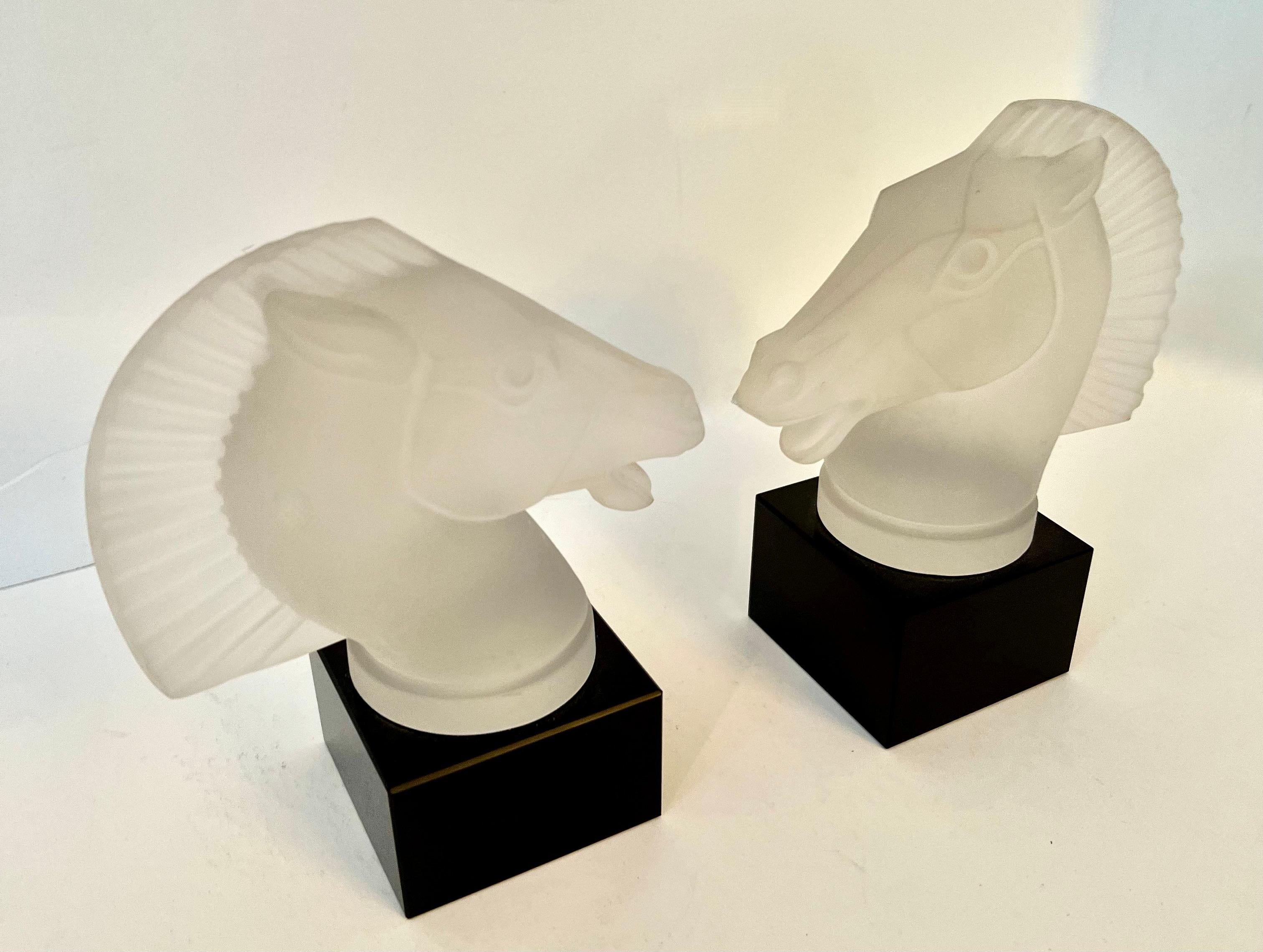 Frosted Glass Horse Head Bookends with Black Glass Base in the Style of Lalique For Sale 2