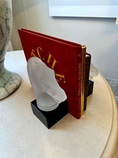 Frosted Glass Horse Head Bookends with Black Glass Base in the Style of Lalique