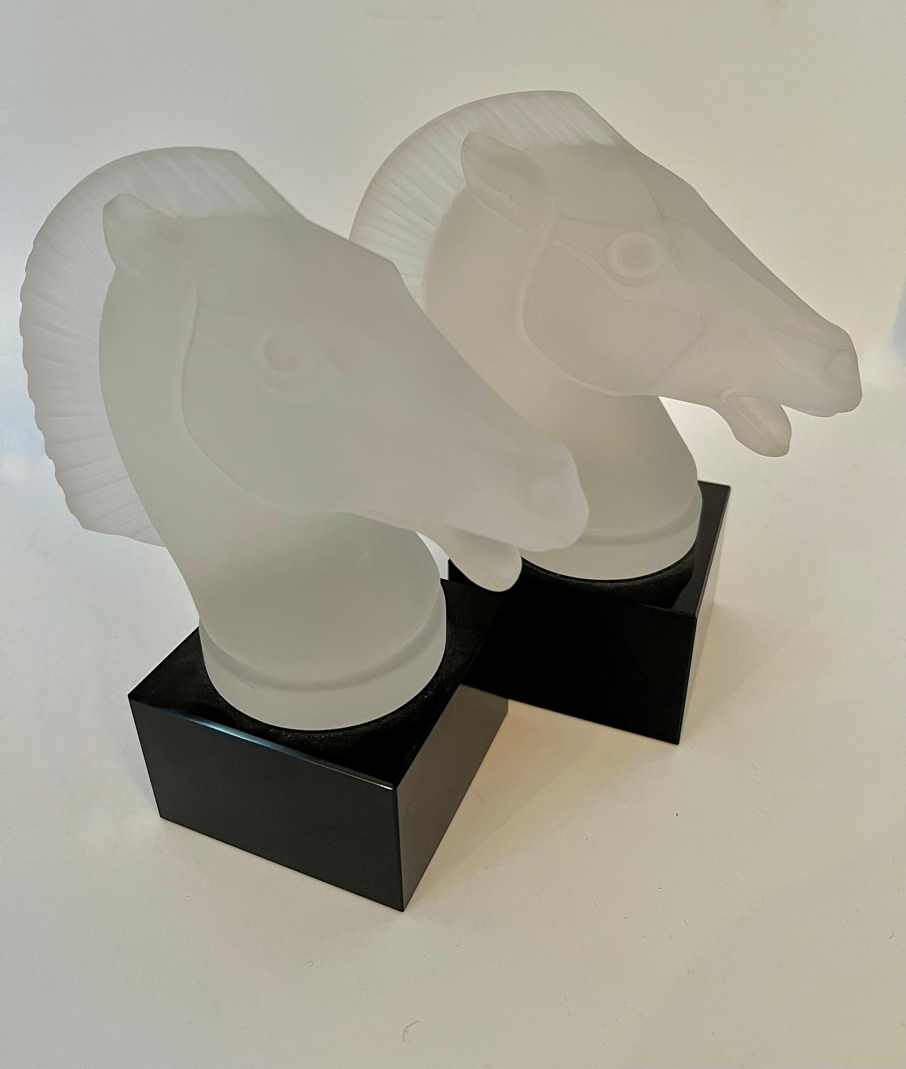 Modern Frosted Glass Horse Head Bookends with Black Glass Base in the Style of Lalique For Sale