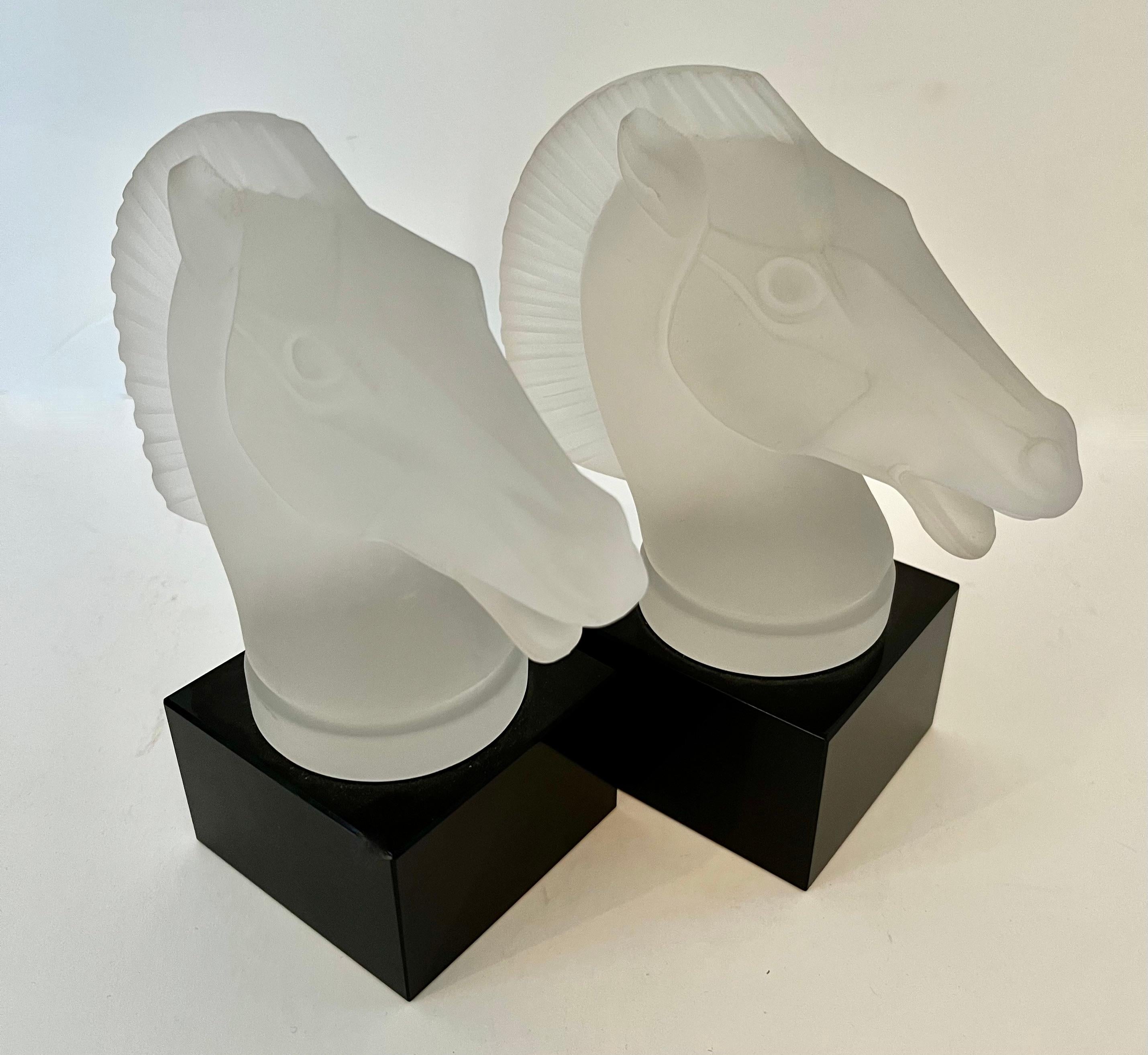 Frosted Glass Horse Head Bookends with Black Glass Base in the Style of Lalique In Good Condition For Sale In Los Angeles, CA