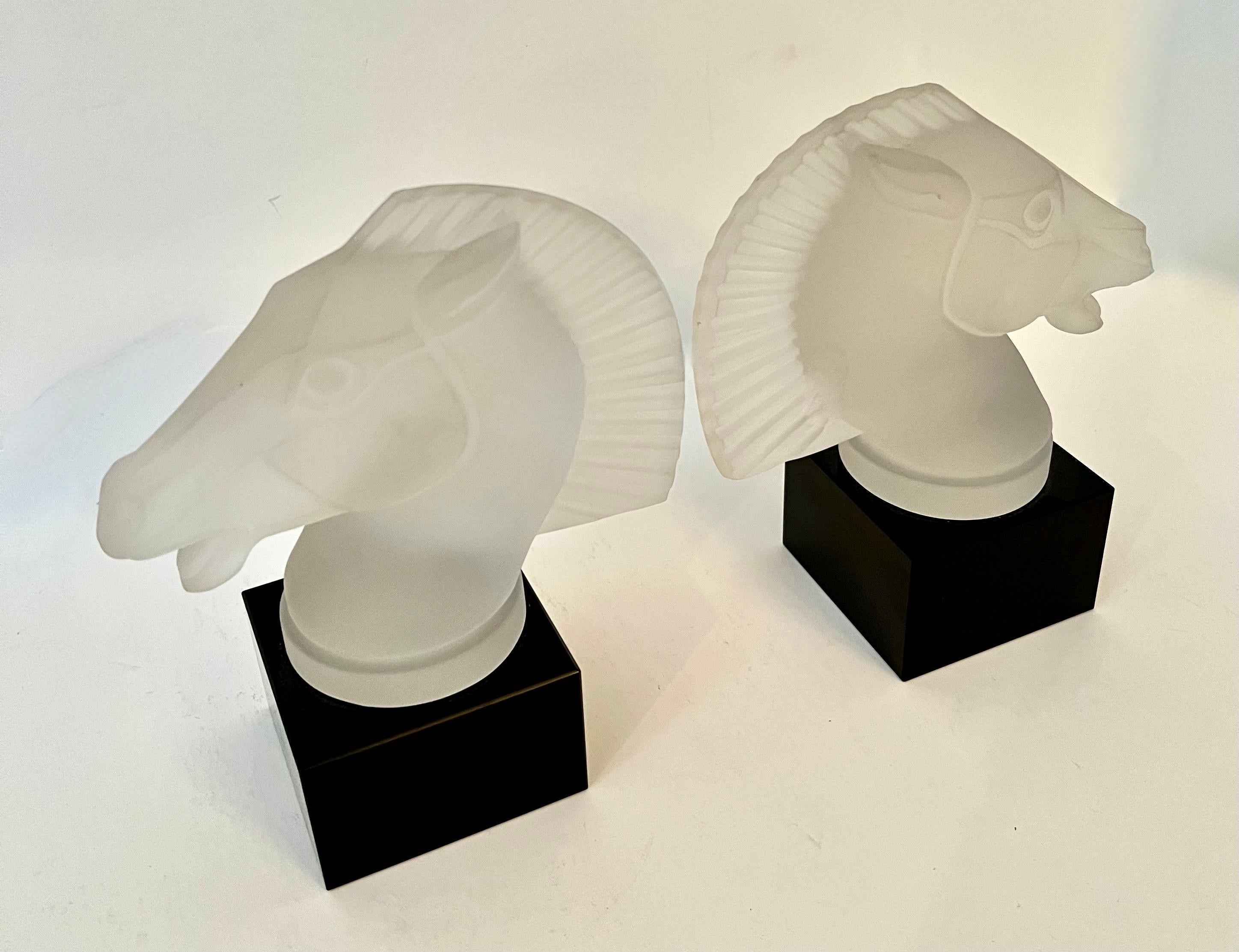 Art Glass Frosted Glass Horse Head Bookends with Black Glass Base in the Style of Lalique For Sale
