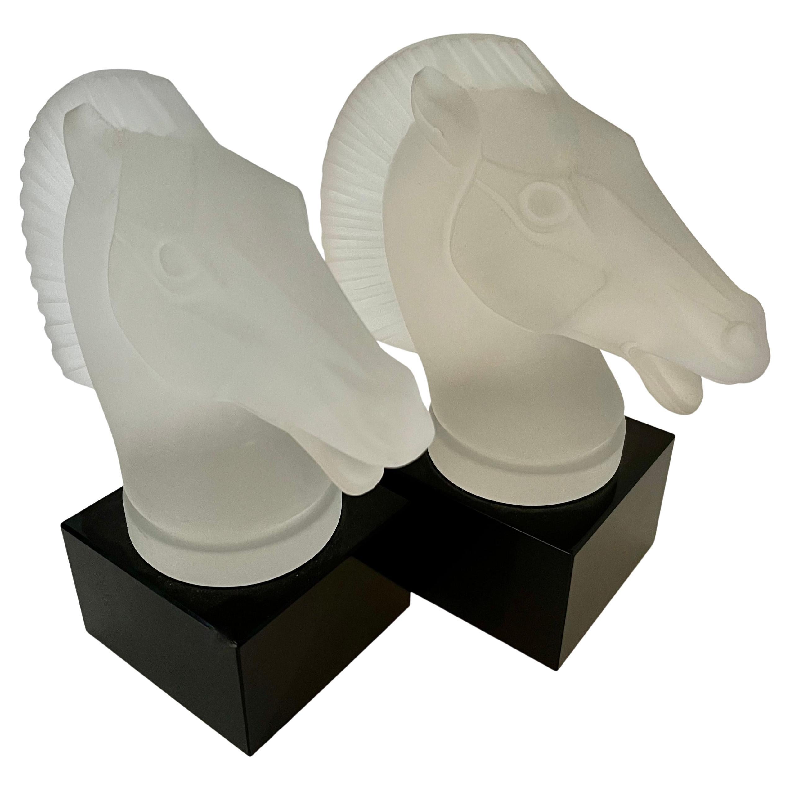 Frosted Glass Horse Head Bookends with Black Glass Base in the Style of Lalique