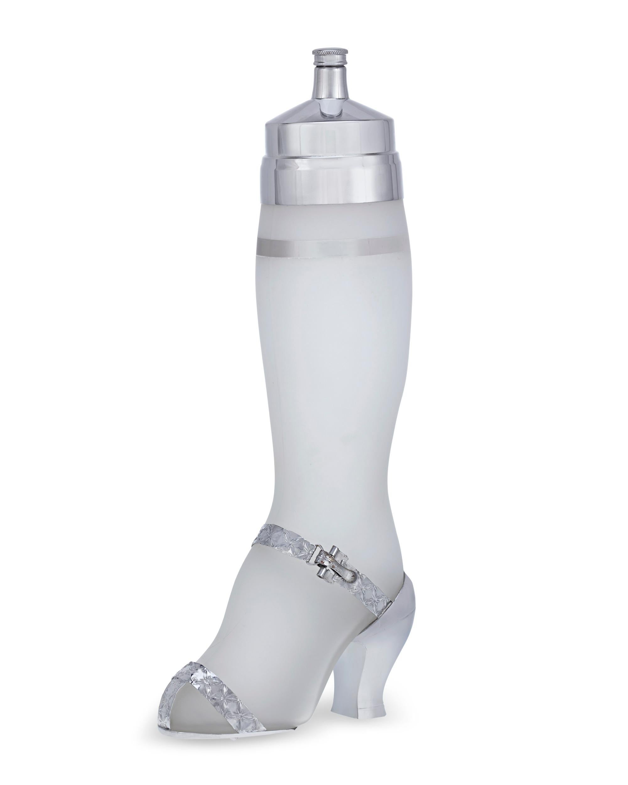 Art Deco Frosted Glass Lady’s Leg Cocktail Shaker and Glasses