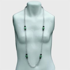 Frosted Glass Necklace with Green and Black Glass Beads and Rhinestones