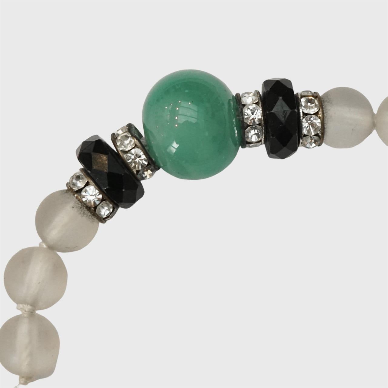 Collier en verre dépoli avec perles de verre vertes et noires et strass Unisexe en vente