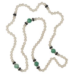 Frosted Glass Necklace with Green and Black Glass Beads and Rhinestones