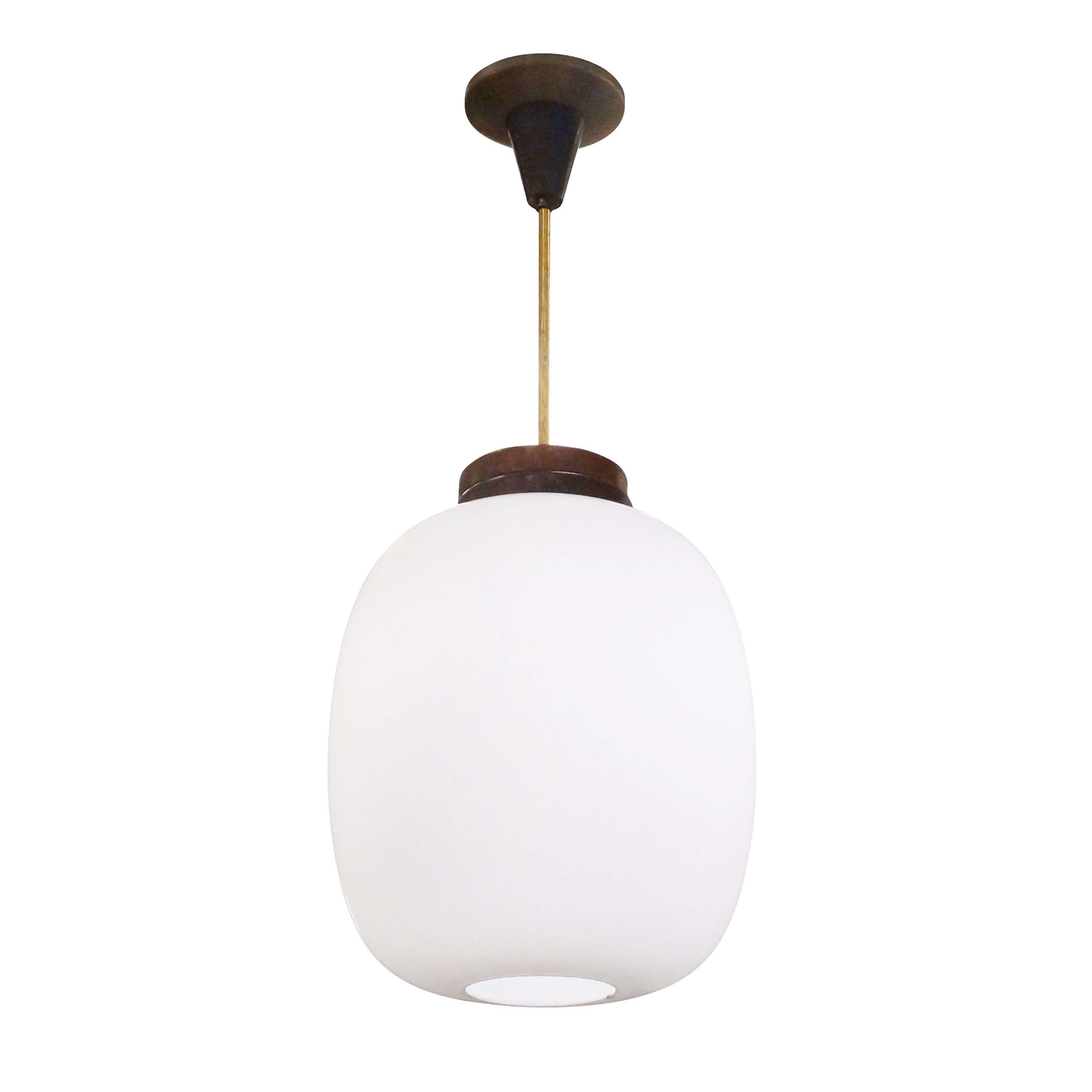 Mid-Century Modern Frosted Glass Pendant with Wood Detailing
