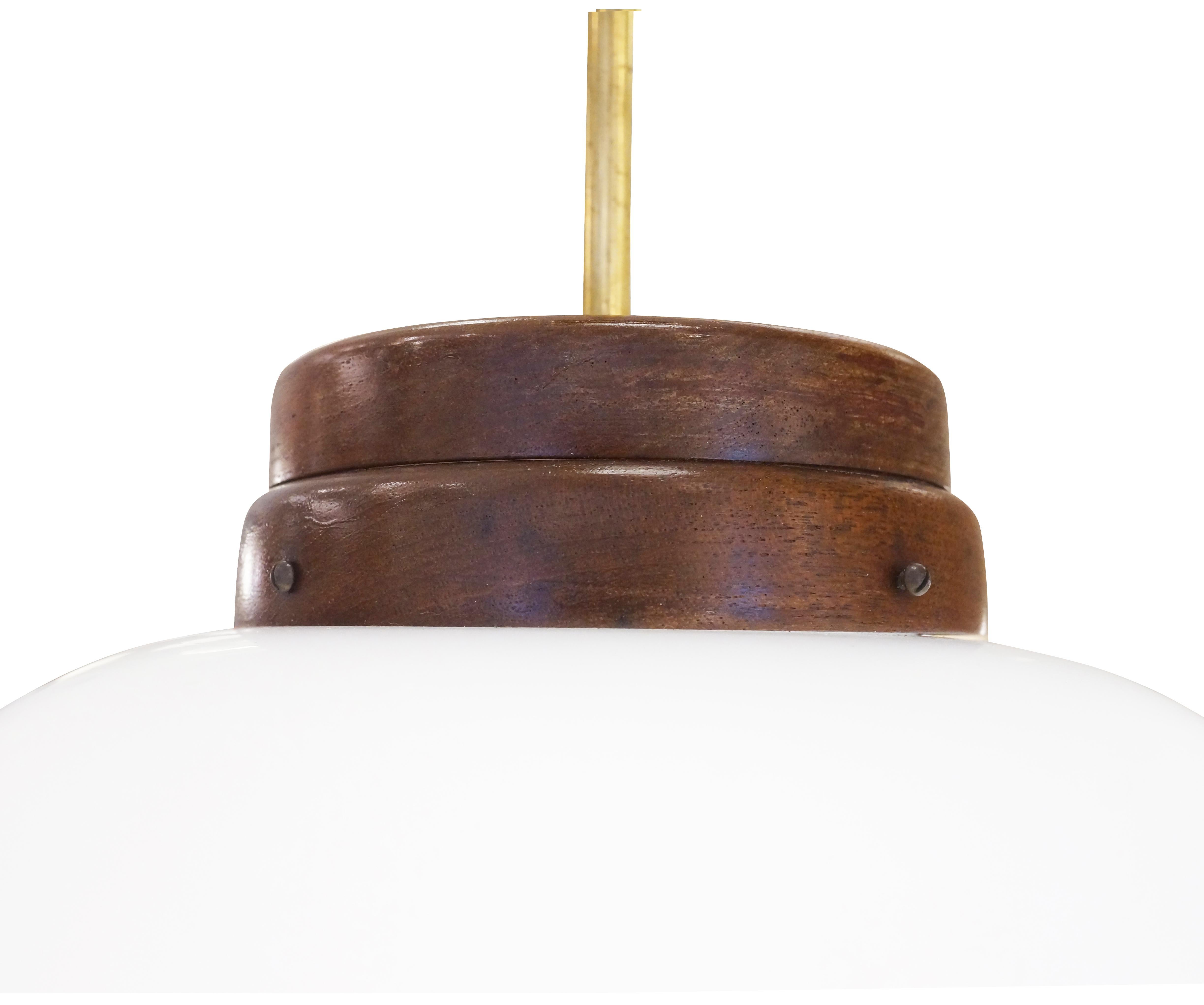 Mid-20th Century Frosted Glass Pendant with Wood Detailing