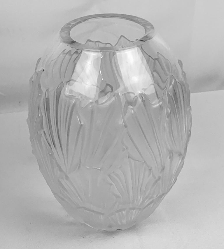 French Scribe Signed Lalique Sandrift Frosted Glass Vase, France For Sale