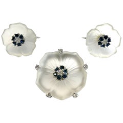 Frosted glass, sapphire and clear paste 'flower' brooch/earrings, Ciner, 1950s