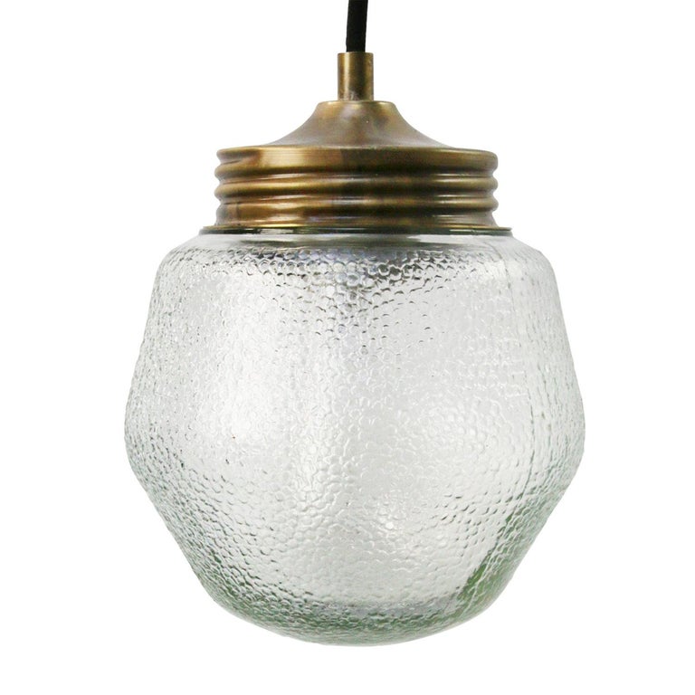 Frosted Glass Vintage Industrial Brass Pendant Lights In Good Condition For Sale In Amsterdam, NL