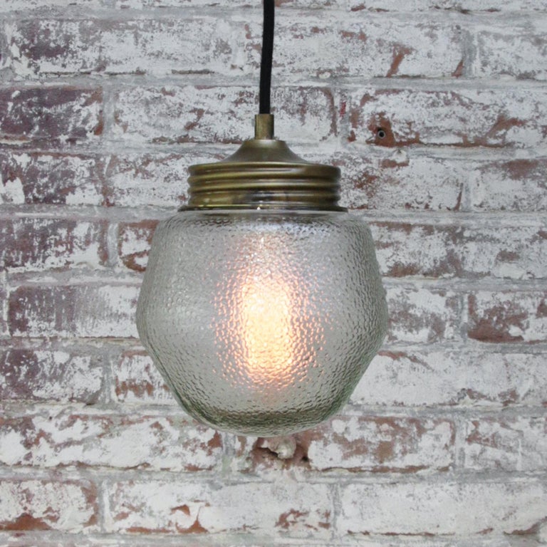 20th Century Frosted Glass Vintage Industrial Brass Pendant Lights For Sale