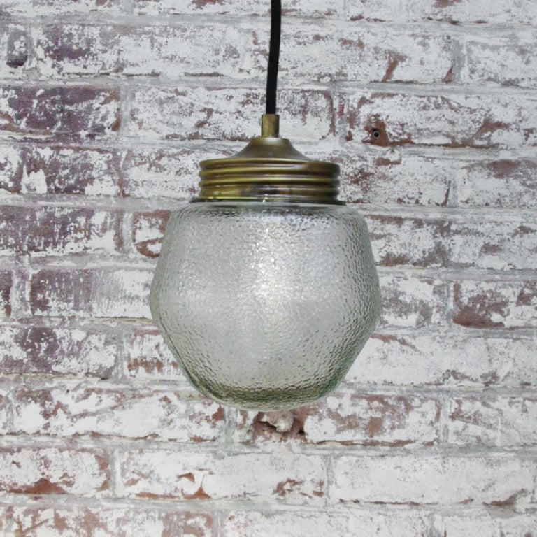 Frosted Glass Vintage Industrial Brass Pendant Lights For Sale 1