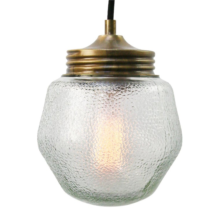 Frosted Glass Vintage Industrial Brass Pendant Lights For Sale