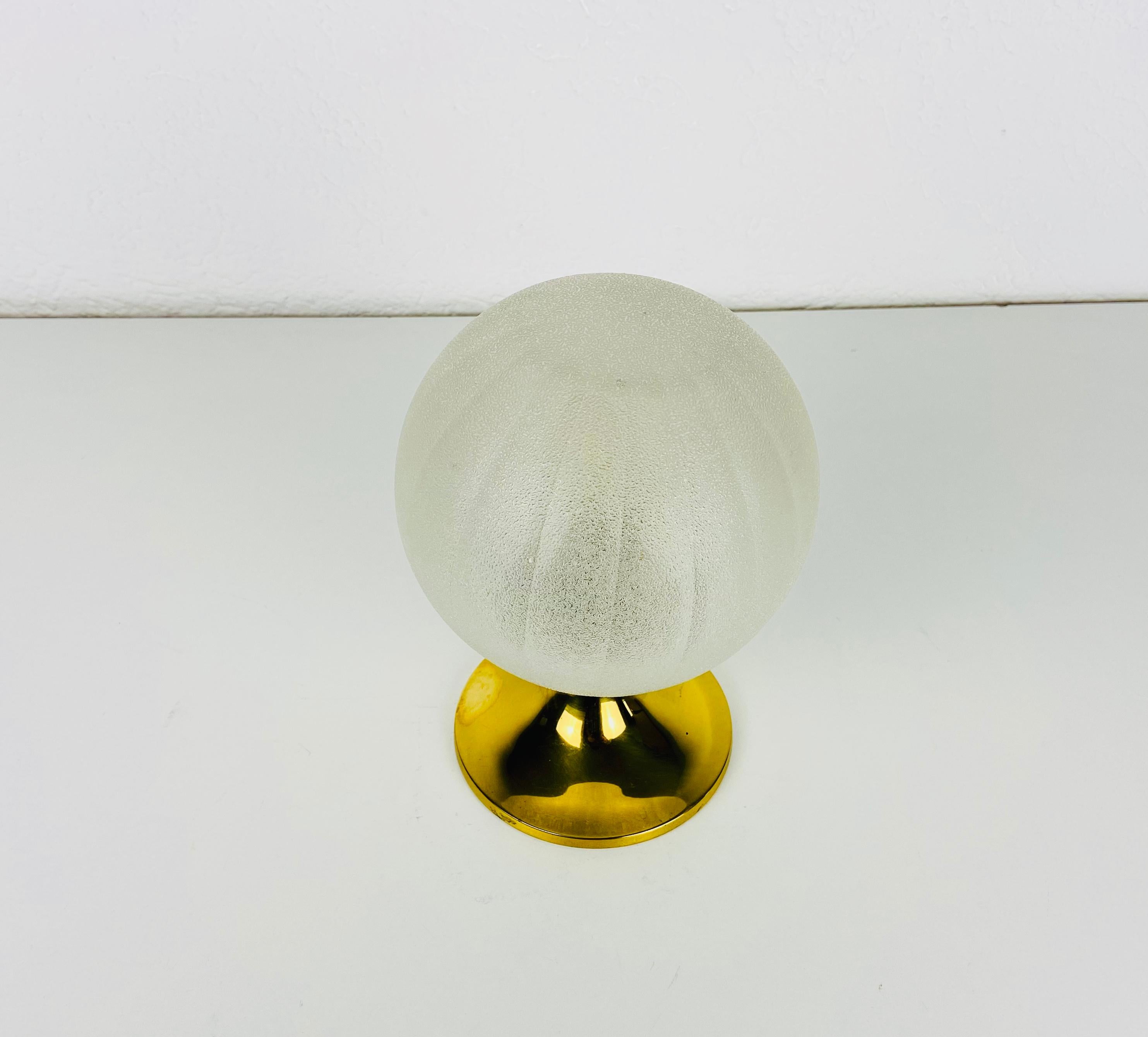 German Frosted Ice Glass and Brass Table Lamp by Doria Leuchten, 1970s For Sale