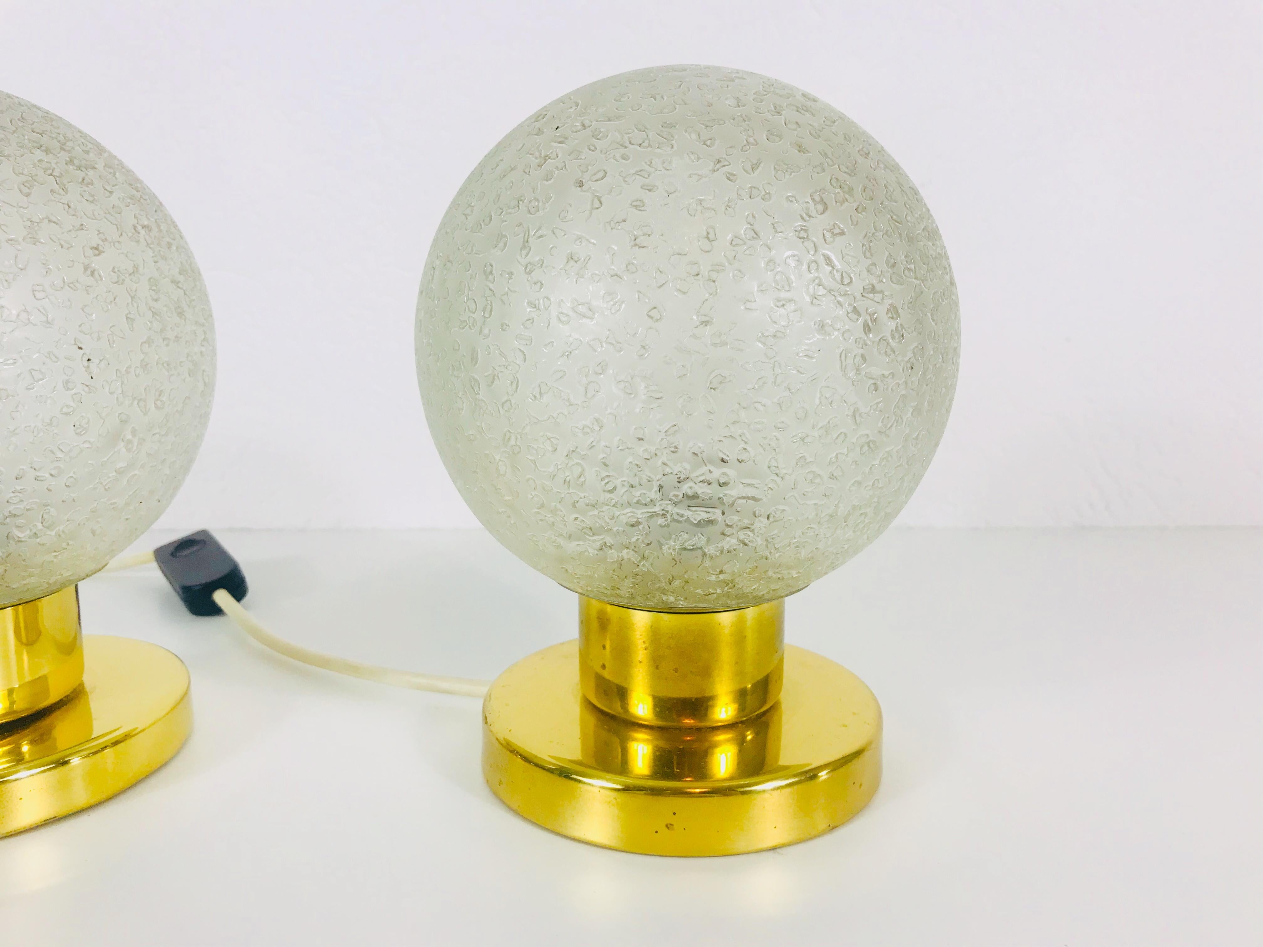 Mid-Century Modern Frosted Iceglass and Brass Table Lamps by Doria Leuchten, 1970s, Set For Sale