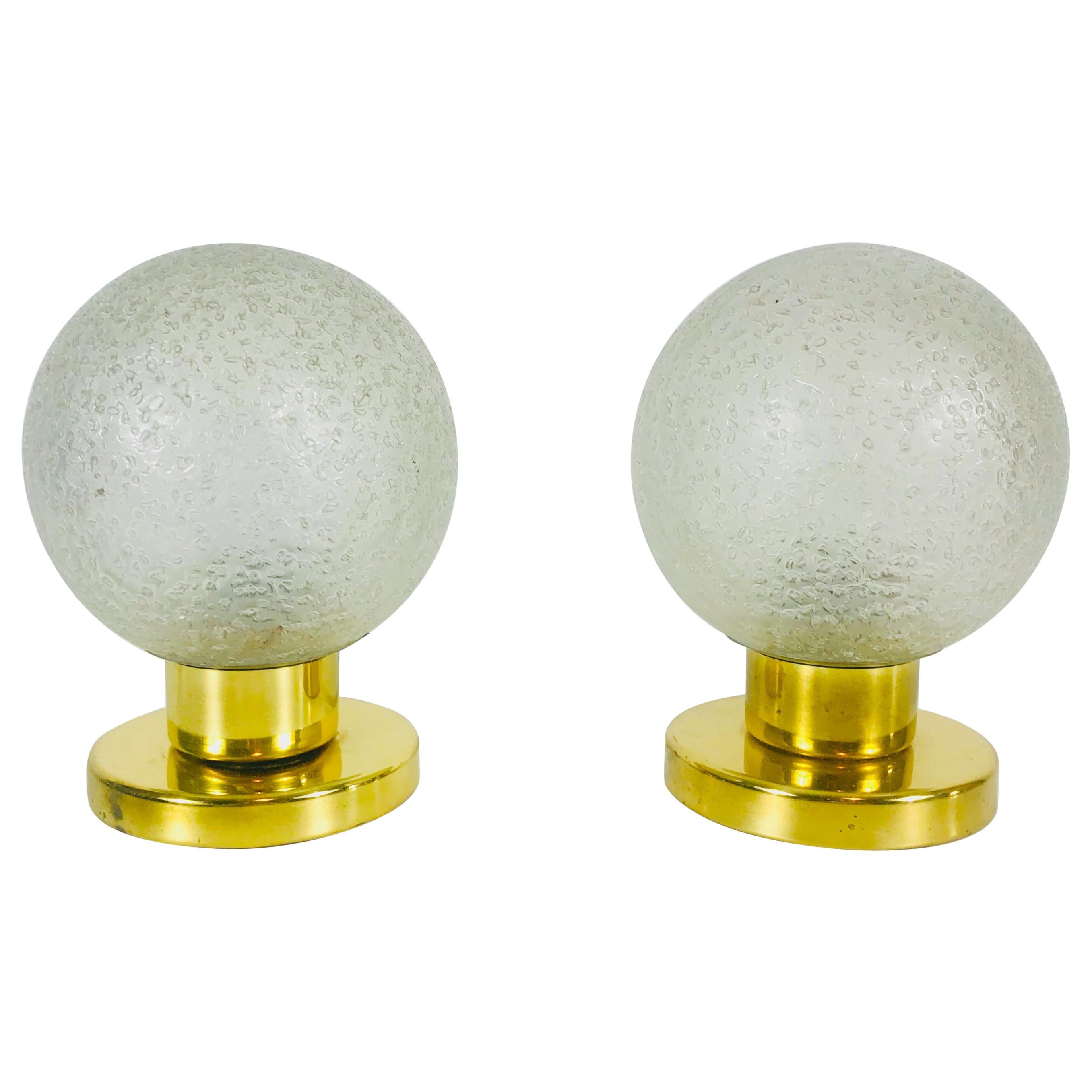 Frosted Iceglass and Brass Table Lamps by Doria Leuchten, 1970s, Set For Sale