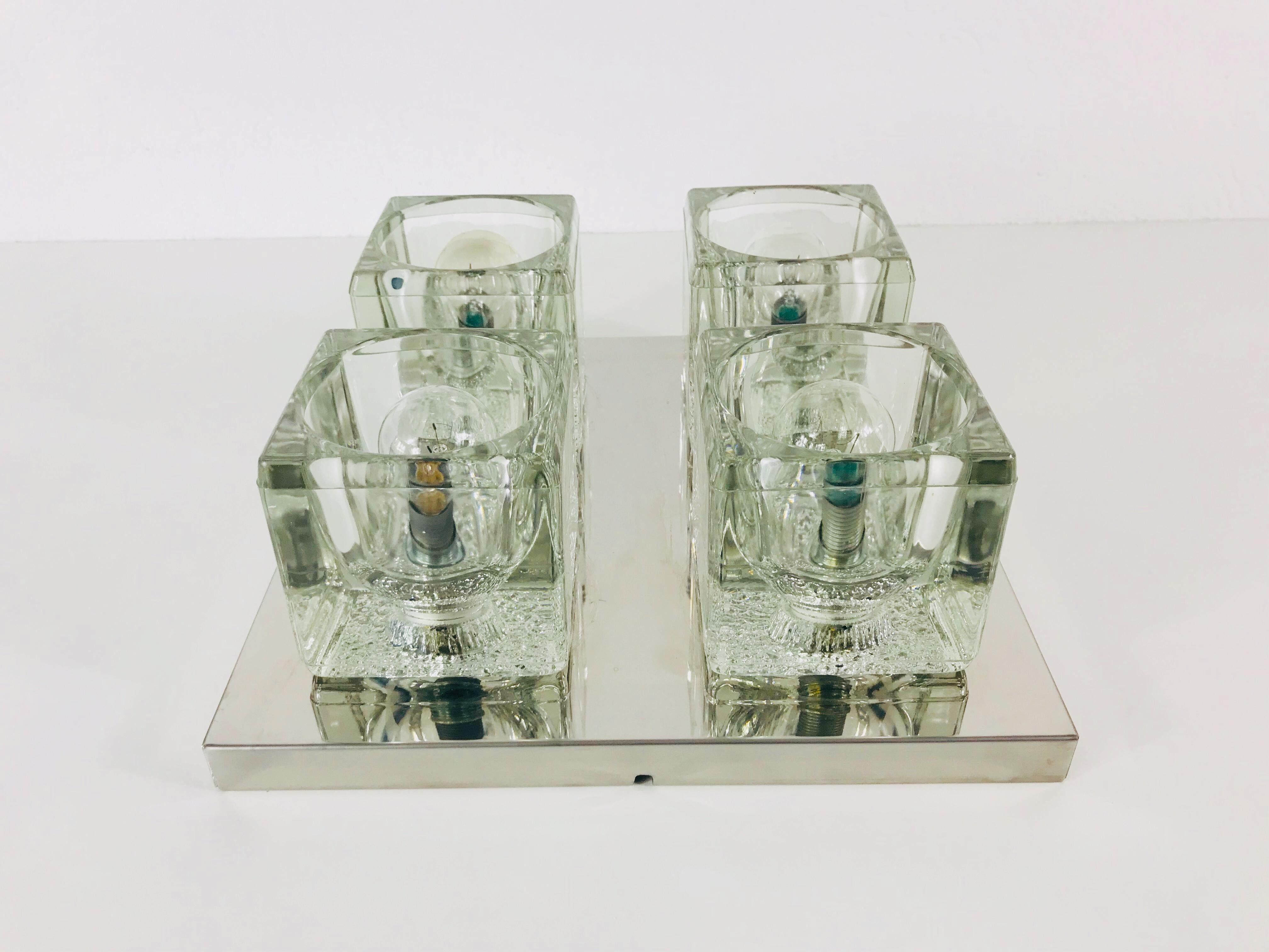 German Frosted Ice Glass Cube Flush Mount by Peill & Putzler, 1970s For Sale