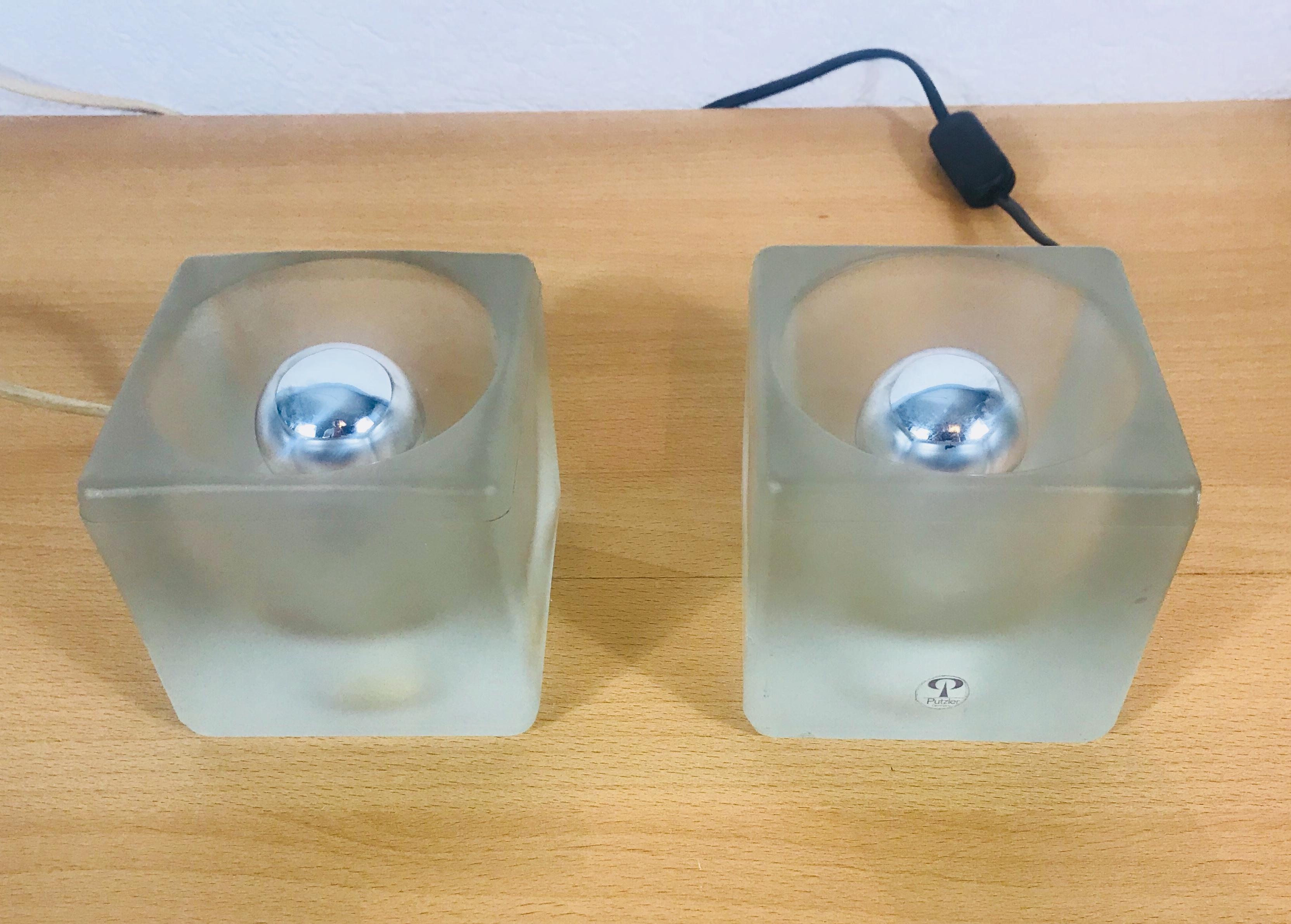 Mid-Century Modern Frosted Iceglass Cube Table Lamps by Peill & Putzler, 1970s, Set For Sale