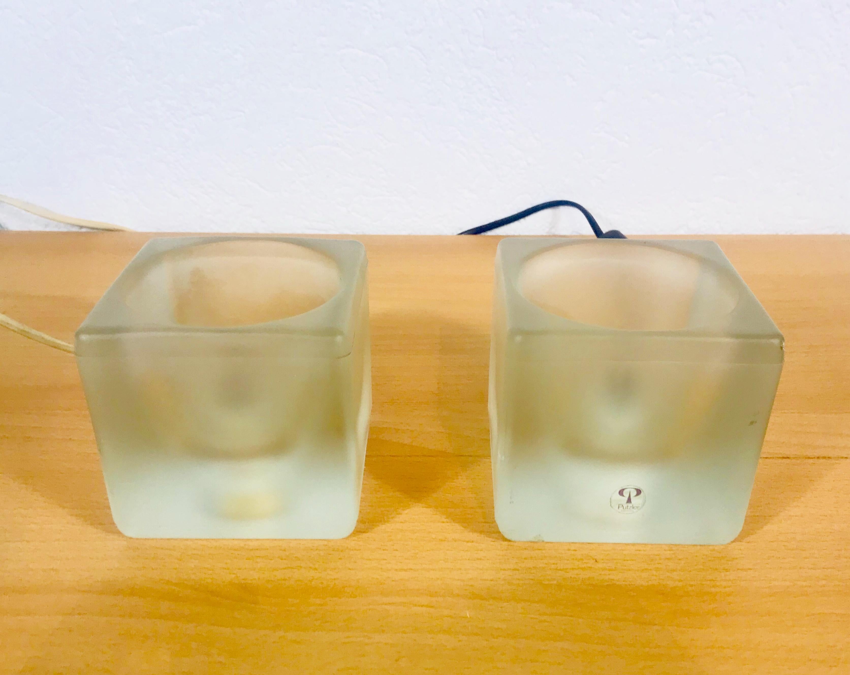 German Frosted Iceglass Cube Table Lamps by Peill & Putzler, 1970s, Set For Sale