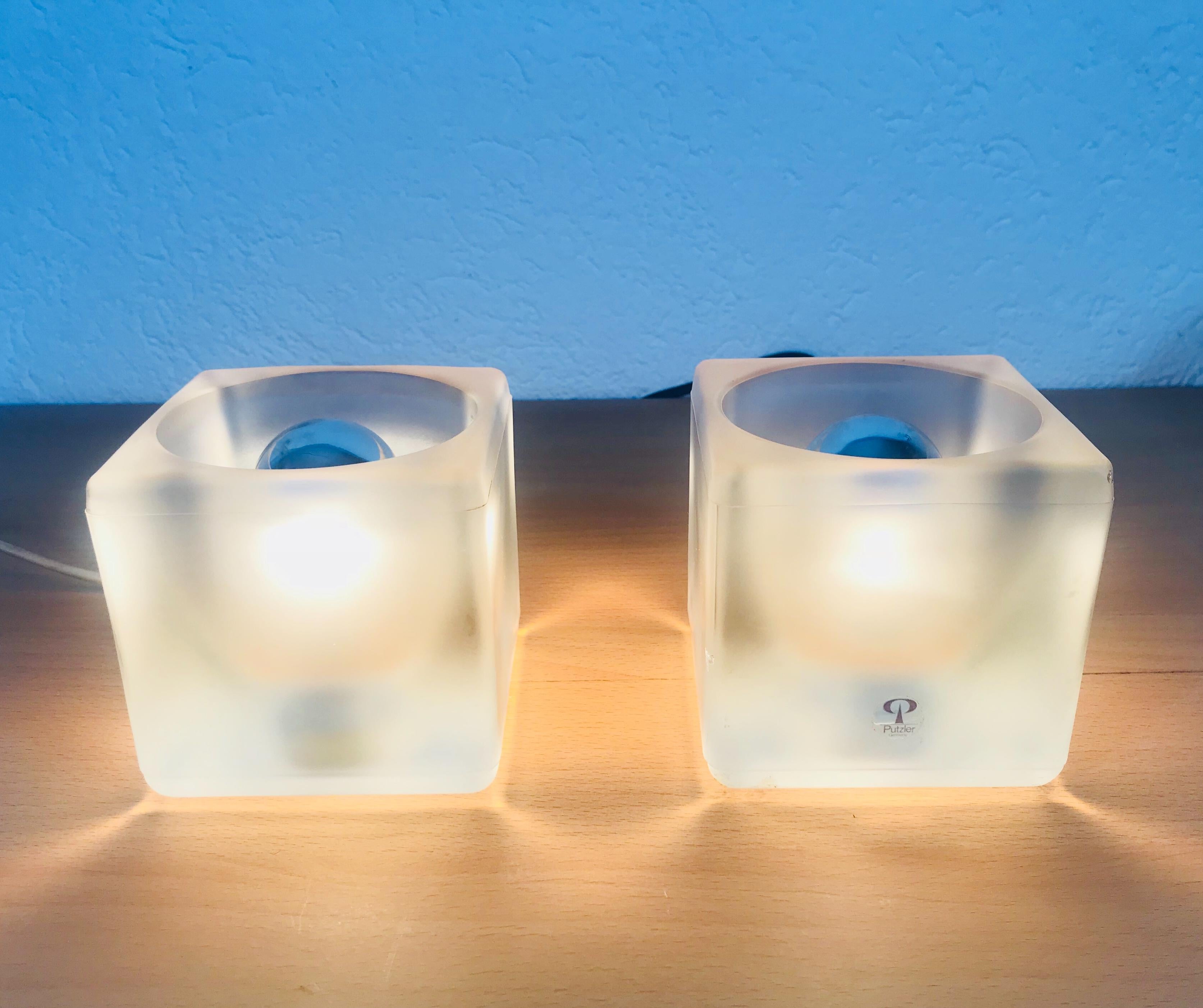 Frosted Iceglass Cube Table Lamps by Peill & Putzler, 1970s, Set In Good Condition For Sale In Hagenbach, DE