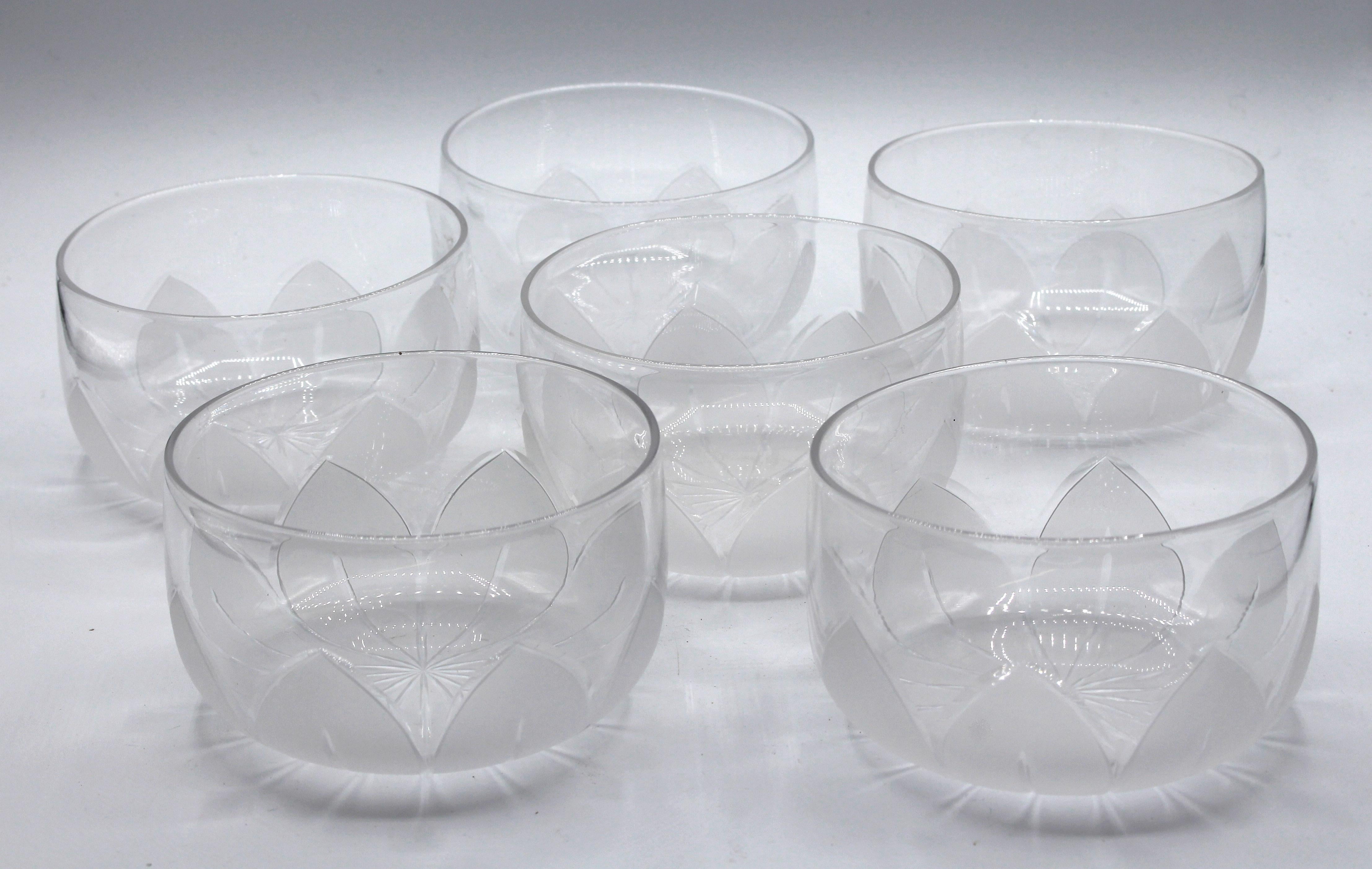 A set of 6 elegant frosted lotus motif finger bowls, likely Scandinavian or Germanic. Cut and frosted glass. Mid-20th century. Also lovely for cut flowers or candles.

Whitehall Antiques is a family business that has been a major source for the